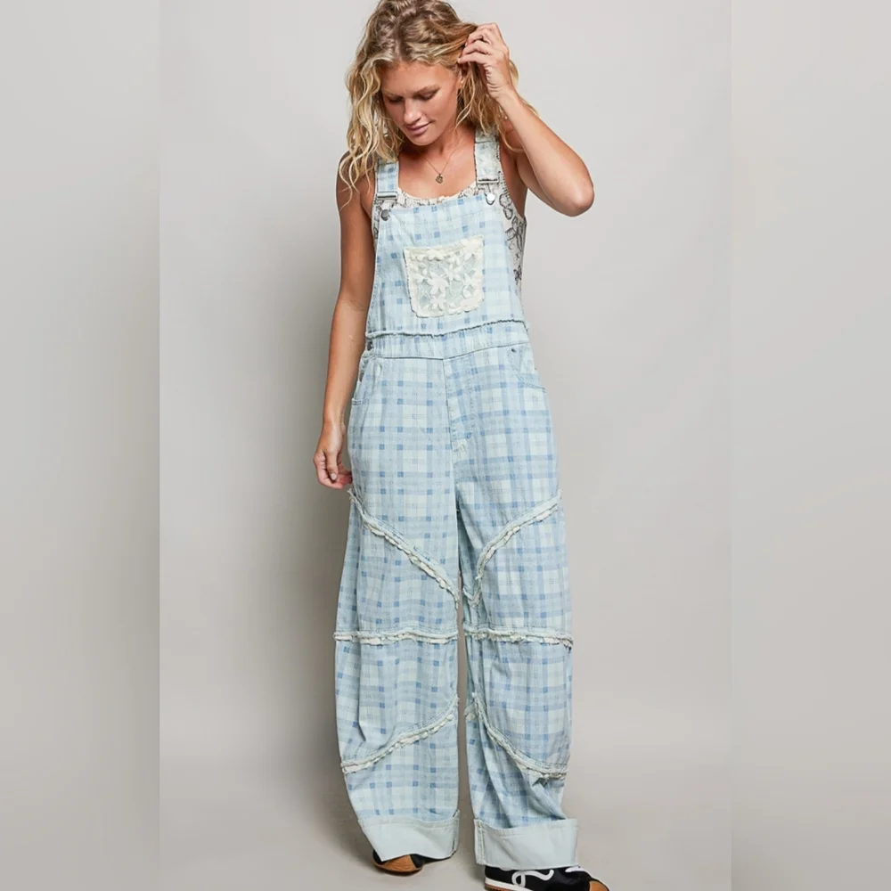 POL Light Blue Plaid Women Jeans Overalls - Picture 2 of 6